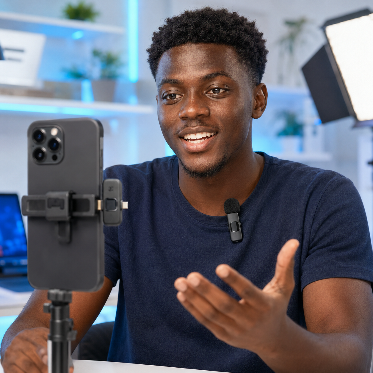 Créateur utilisant le mini micro dans un studio